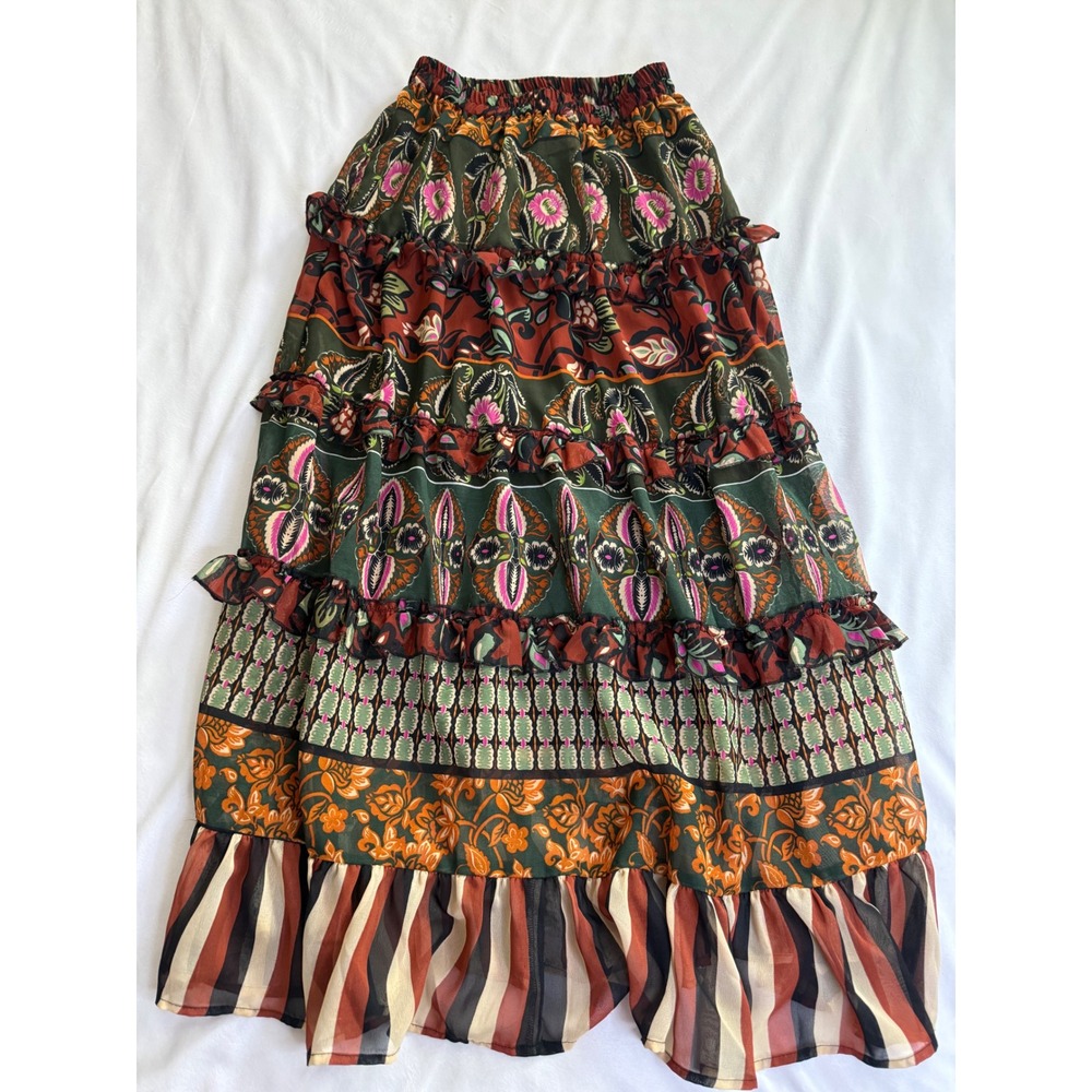 Truly 4 You Womens Tiered Boho Maxi Skirt Floral Stripe Ruffle Green Orange M